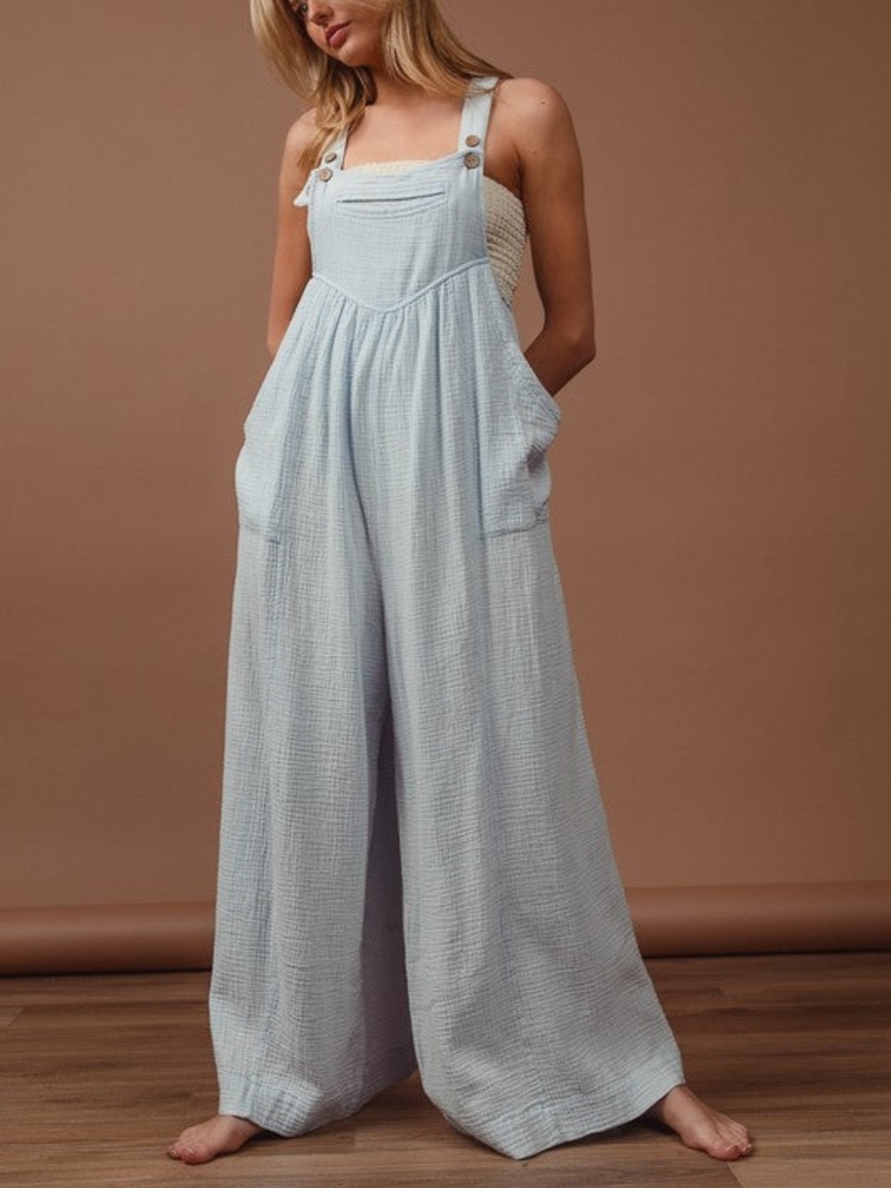 BIBI VINTAGE WASHED CRINKLE GAUZE WIDE LEG OVERALLS small